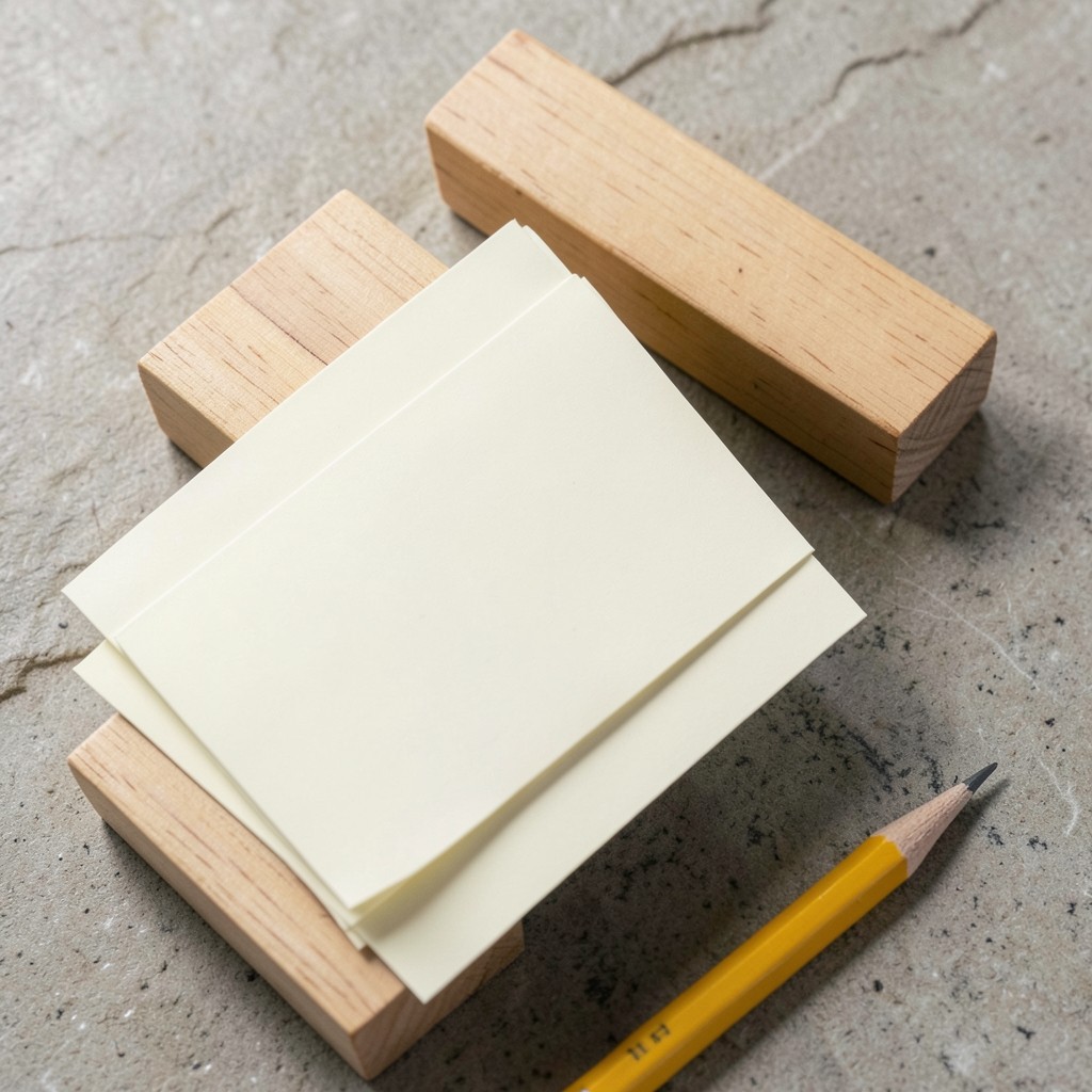 Overhead view of blank index cards and plain wooden blocks arranged in a row on a desk