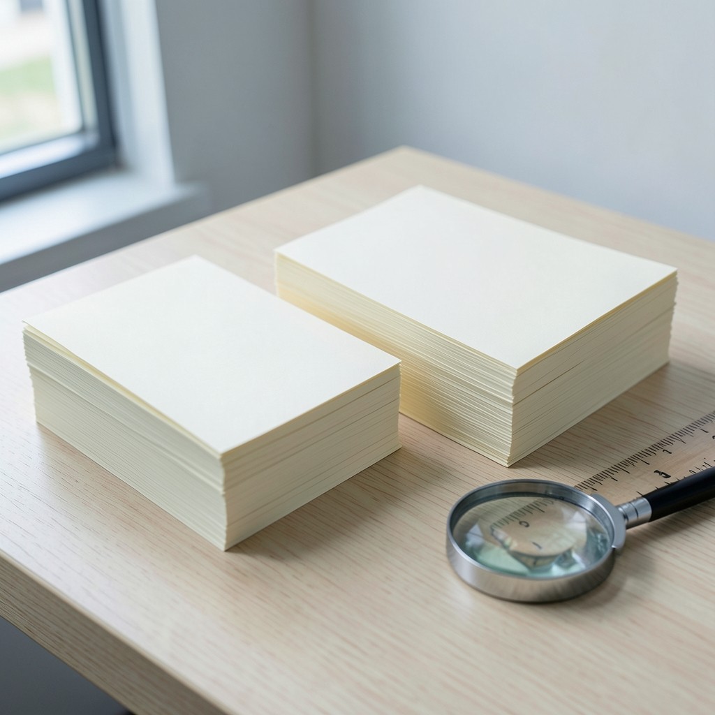 Two stacks of blank cream paper, a ruler, and a magnifying glass on a desk in cool daylight
