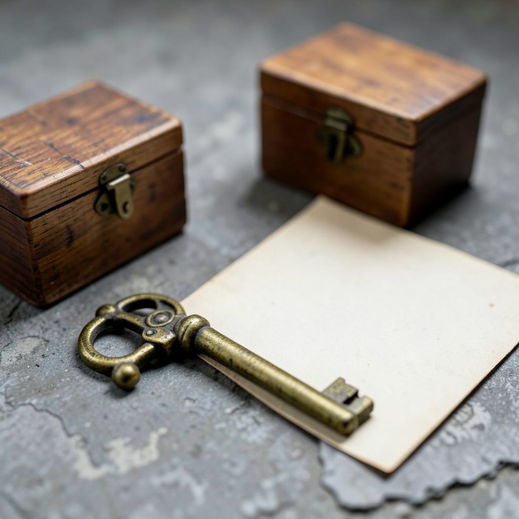 A brass key and a small locked wooden box on a stone desk in soft side light