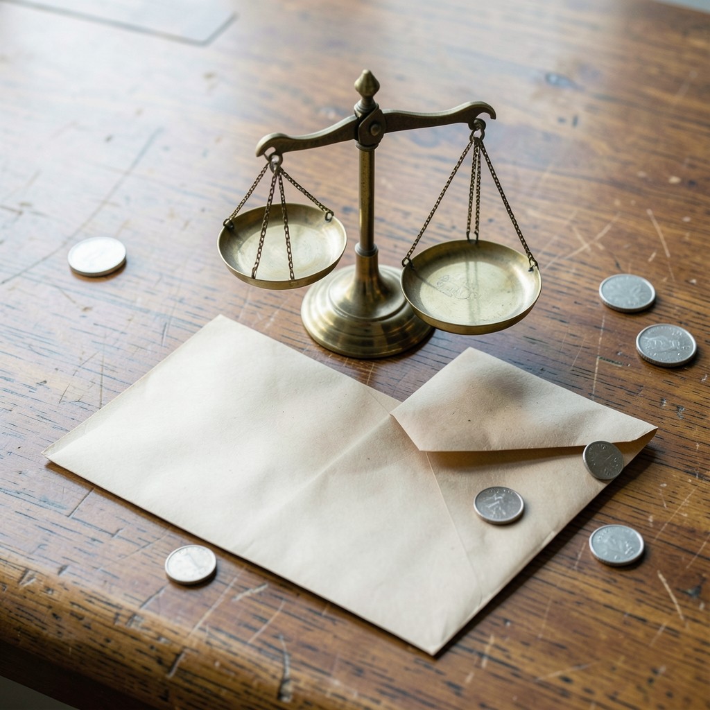 A small brass balance scale beside a sealed kraft envelope and a few coins