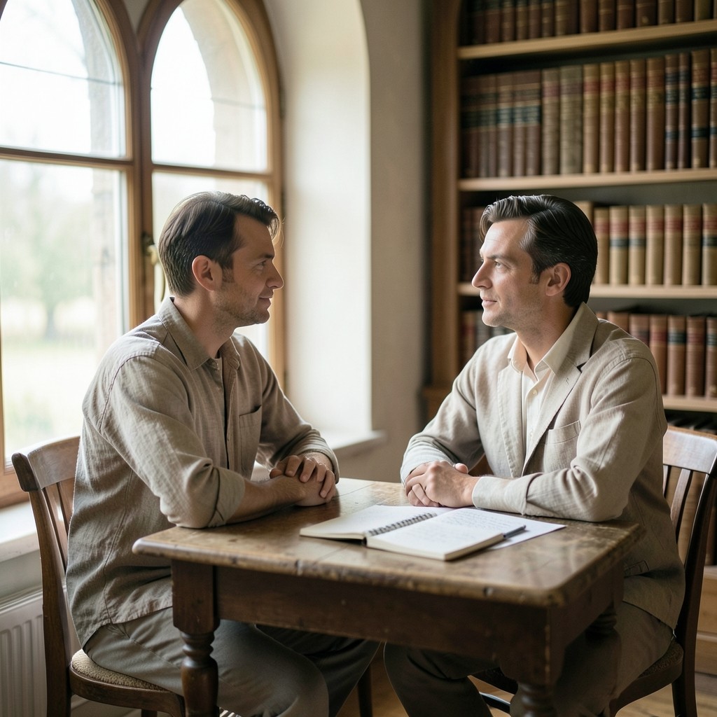 Two people seated across a small desk by a window, a notebook open between them