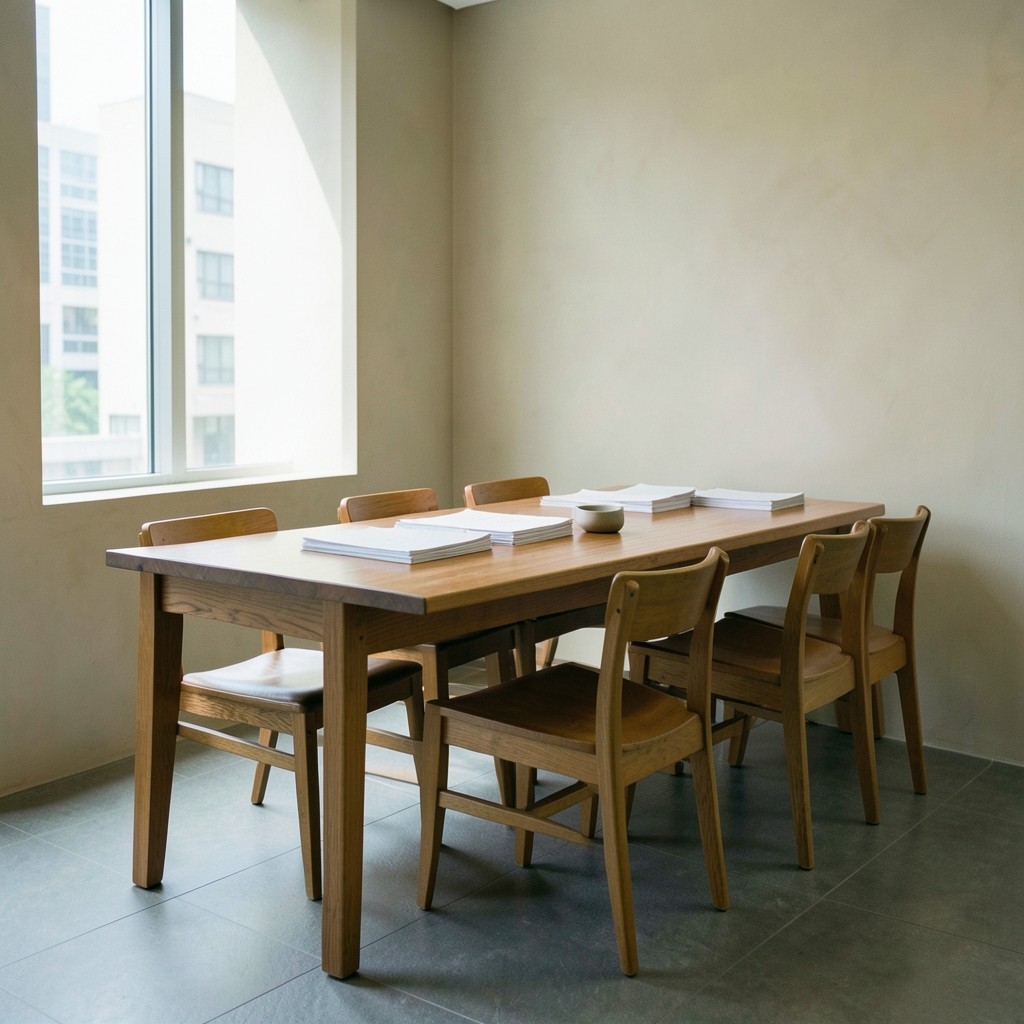 A quiet study room with a long oak table, six chairs, and stacks of blank paper in north light