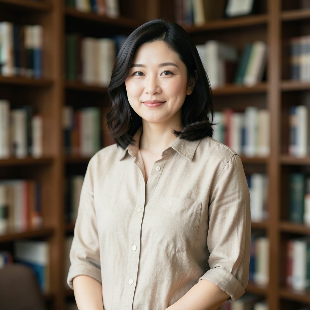 Portrait of a woman in a linen shirt standing in a reading room with wooden shelves behind her