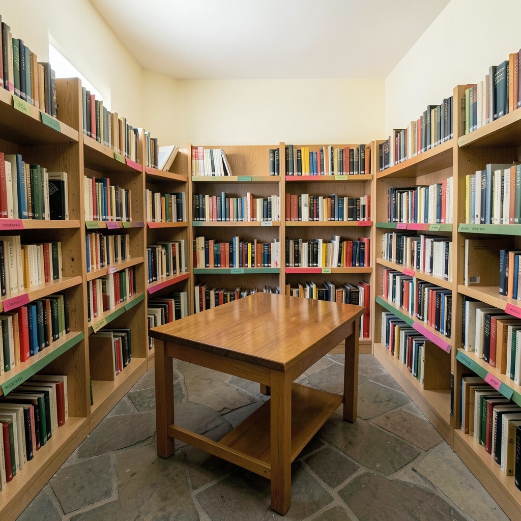 Wide view of a small library room with low wooden shelves, cloth tabs, and a central table