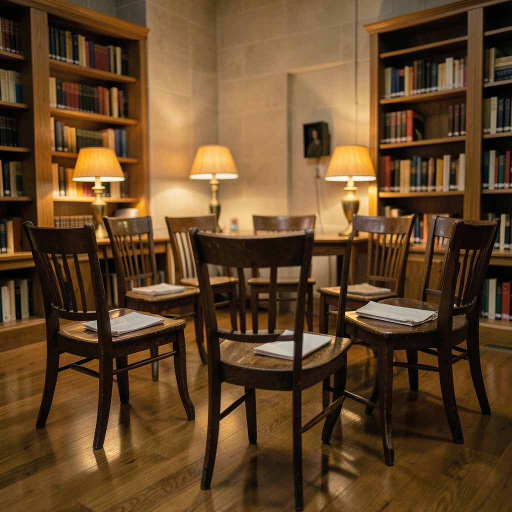 Chairs set in a loose circle in a lamp-lit library room, closed paper packets on the seats